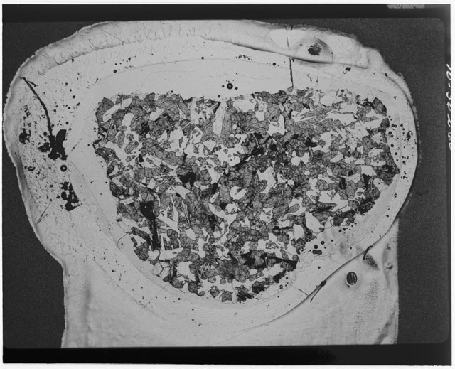 Black and white Thin Section photograph of Apollo 12 Sample(s) 12064,7 using cross nichols light.