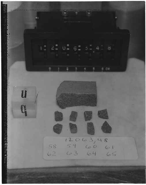Black and white photograph of Apollo 12 Sample(S) 12063,48,58-65; Processing photograph displaying a post chip group with an orientation of B,N.