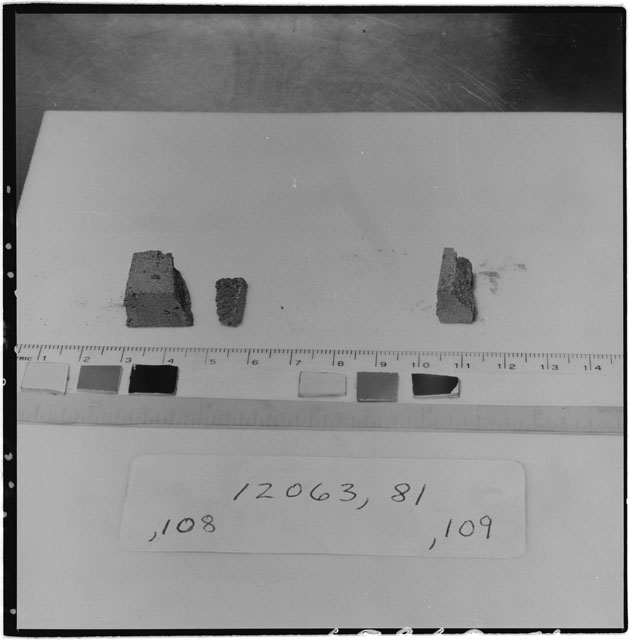 Black and white photograph of Apollo 12 Sample(S) 12063,81,108,109; Processing photograph displaying chip group.