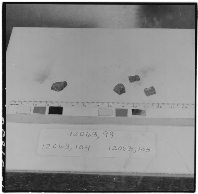 Black and white photograph of Apollo 12 Sample(S) 12063,99,104,105; Processing photograph displaying chip group.