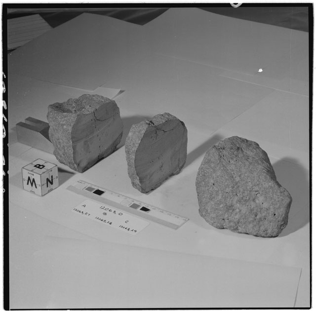 Black and white photograph of Apollo 12 Sample(S) 12063,0,27-29; Processing photograph displaying a reconstruction sample with an orientation of B,N,W.