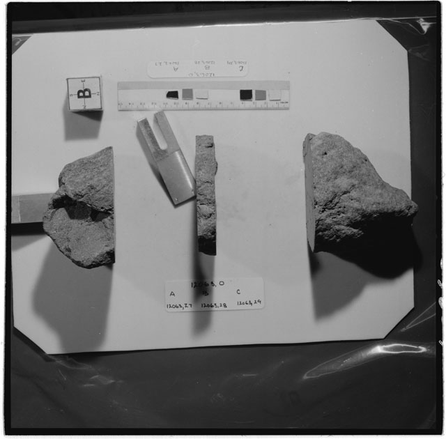 Black and white photograph of Apollo 12 Sample(S) 12063,0,27-29; Processing photograph displaying a reconstruction sample with an orientation of B.