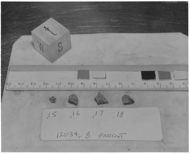 Black and white photograph of Apollo 12 Sample(S) 12034,15-18; Processing photograph displaying a post chip with an orientation of T,W,S.