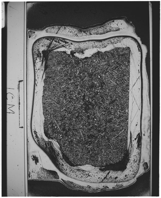 Black and White thin section photograph of Apollo 12 sample 12065,95 in cross nichols light.