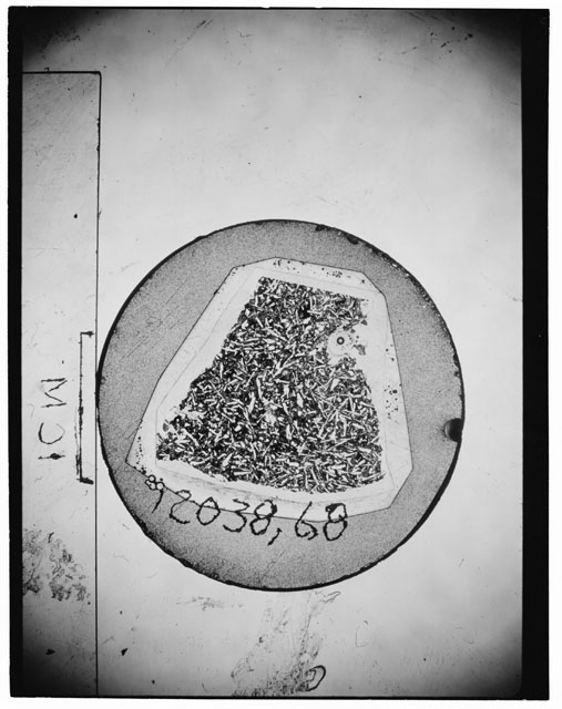 Black and white Thin Section photograph of Apollo 12 Sample(s) 12038,68 using cross nichols light.