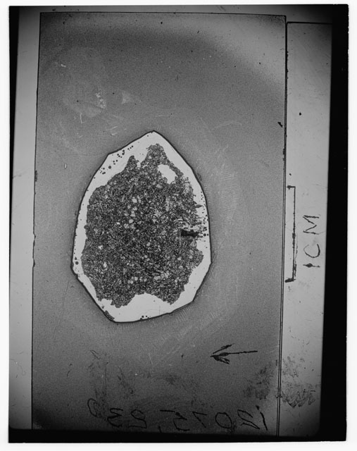 Black and white Thin Section photograph of Apollo 12 Sample(s) 12075,23 using cross nichols light.