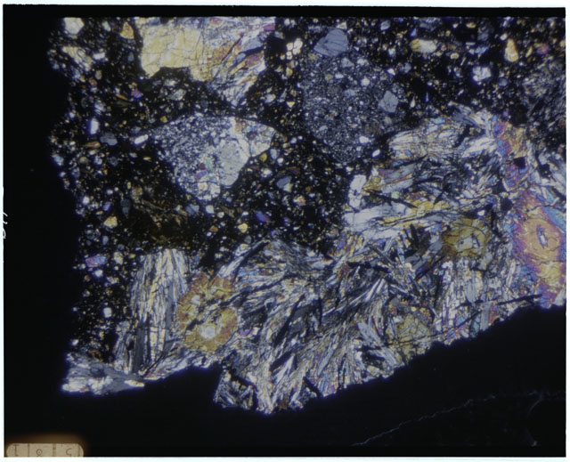 Color mosaic Thin Section photograph of Apollo 12 Sample(s) 1201029 using cross nichols light.