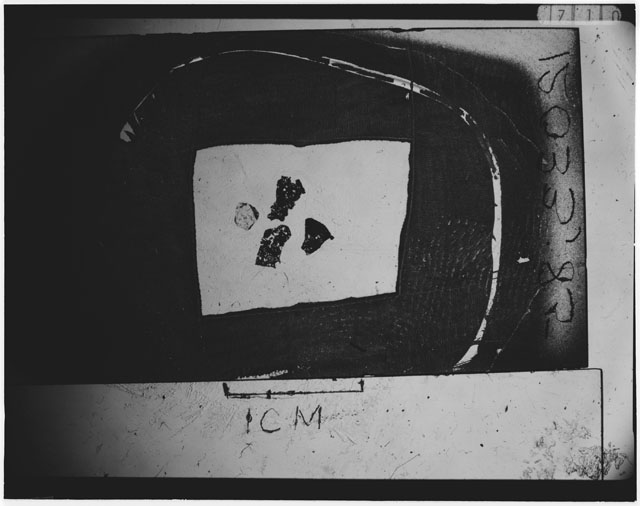 Black and white photograph of Apollo 12 sample 12033,85; Thin Section photograph displaying grain mount.