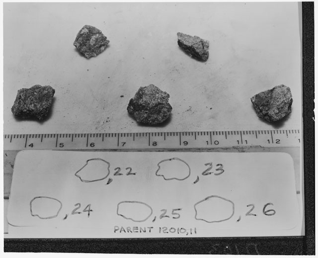 Black and white photograph of Apollo 12 Sample(S) 12010,22-26; Processing photograph displaying post chip group.