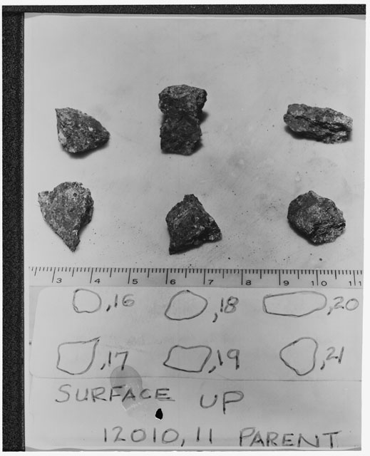 Black and white photograph of Apollo 12 Sample(S) 1201016-21; Processing photograph displaying post chip group.