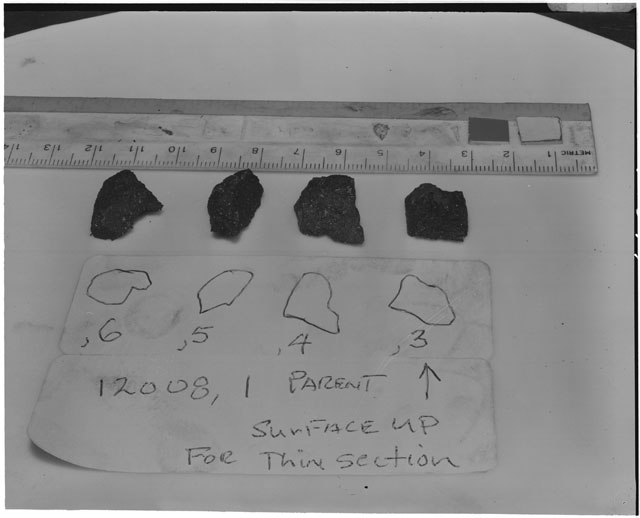 Black and white photograph of Apollo 12 Sample(S) 12008,3-6; Processing photograph displaying  chips.