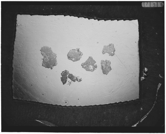 Black and white photograph of Apollo 12 sample 12001,107; Thin Section photograph displaying grain mount.