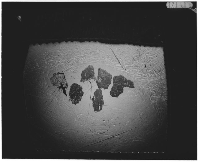 Black and white photograph of Apollo 12 sample 12001,106; Thin Section photograph displaying grain mount.