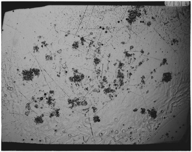 Black and white photograph of Apollo 12 sample 12070,157; Thin Section photograph displaying grain mount.