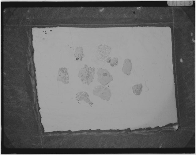 Black and white photograph of Apollo 12 sample 12001,105; Thin Section photograph displaying grain mount.
