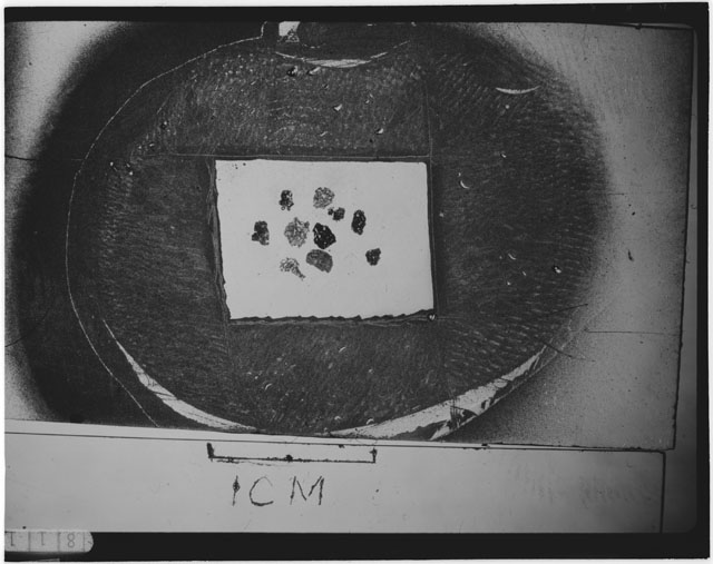 Black and white photograph of Apollo 12 sample 12001,105; Thin Section photograph displaying grain mount.