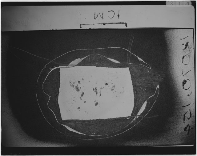 Black and white photograph of Apollo 12 sample 12070,154; Thin Section photograph displaying grain mount.