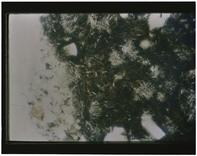 Color photograph of Apollo 12 sample 12033,82; Thin Section photograph displaying grain mount.