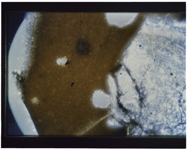 Color photograph of Apollo 12 sample 12033,82; Thin Section photograph displaying grain mount.