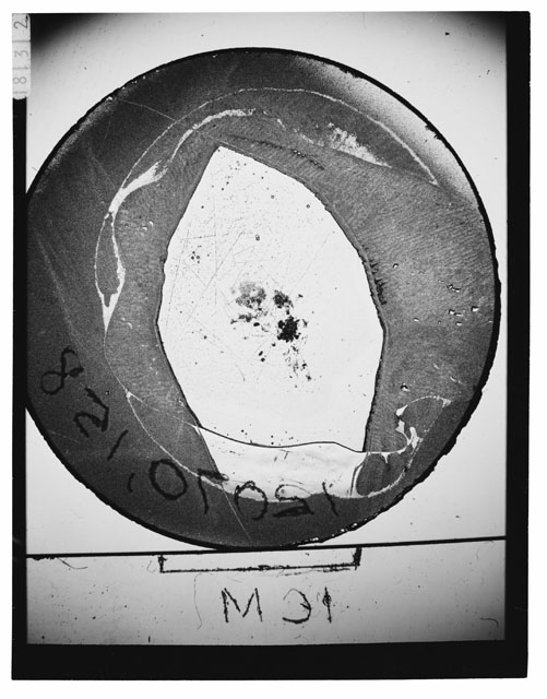 Black and white photograph of Apollo 12 sample 12070,158; Thin Section photograph displaying grain mount.