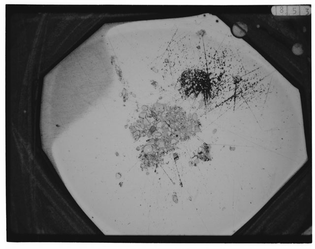 Black and white photograph of Apollo 12 sample 12044,34; Thin Section photograph displaying grain mount.