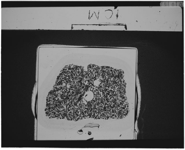 Black and white Thin Section photograph of Apollo 12 Sample(s) 12047,16 using cross nichols light.