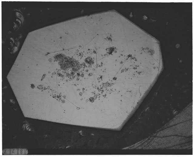 Black and white photograph of Apollo 12 sample 12044,36; Thin Section photograph displaying grain mount.