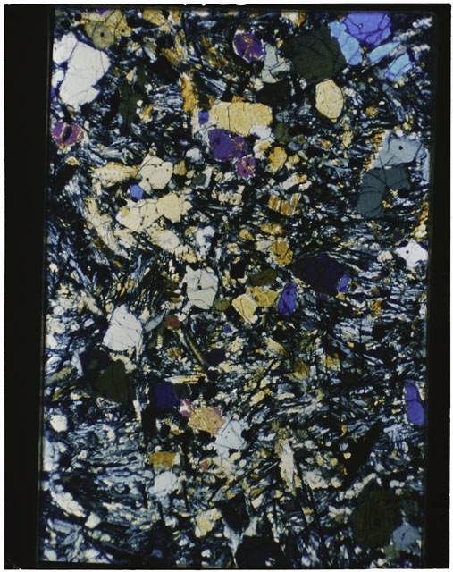 Color Thin Section photograph of Apollo 12 Sample(s) 12022,121 using cross nichols light.