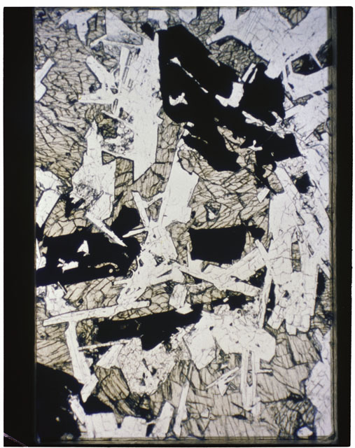 Color photograph of Apollo 11 Sample(s) 10058,33; Thin Section photograph using transmitted light.