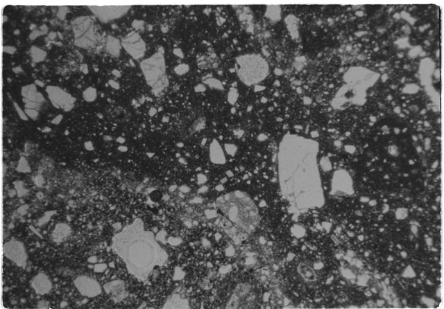 Black and white Thin Section photograph of Apollo 14 Sample(s) 14308,2 using transmitted light.