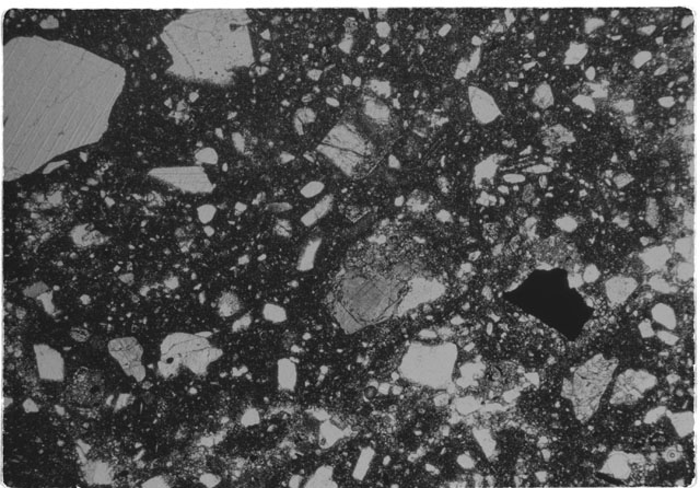 Black and white Thin Section photograph of Apollo 14 Sample(s) 14308,5 using transmitted light.