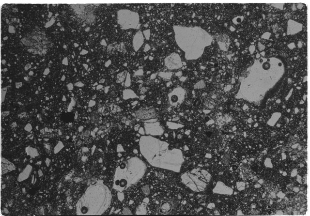 Black and white Thin Section photograph of Apollo 14 Sample(s) 14308,11 using cross nichols light.