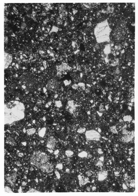 Black and white Thin Section photograph of Apollo 14 Sample(s) 14301,9 using cross nichols light.