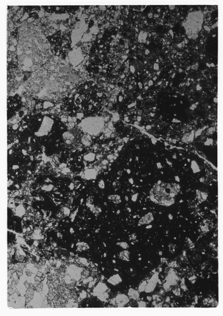 Black and white Thin Section photograph of Apollo 14 Sample(s) 14306,4 using cross nichols light.