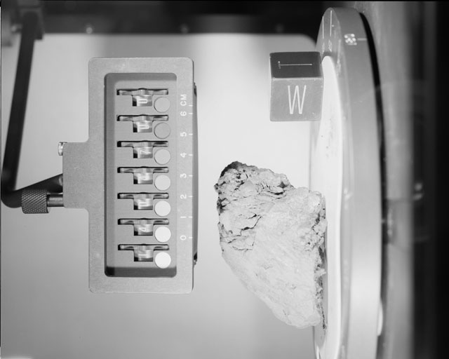 Black and white photograph of Apollo 14 Sample(s) 14047,0; Stereo photo with an orientation of 228 degrees, W,T.