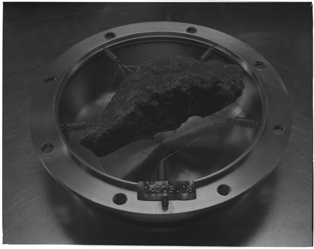 Black and white photograph of Apollo 14 Sample(s) 14305,18; Processing photograph displaying a post chip.