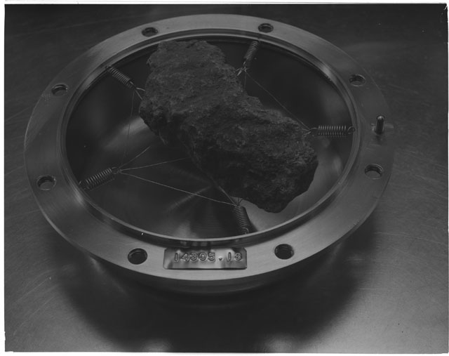 Black and white photograph of Apollo 14 Sample(s) 14305,18; Processing photograph displaying a post chip.