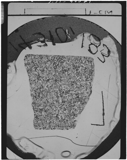 Black and white Thin Section photograph of Apollo 14 Sample(s) 14310,183 using transmitted light.