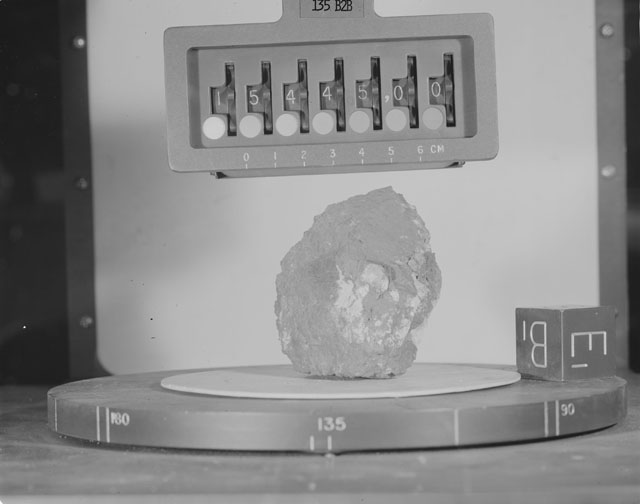 Black and White Photograph of Apollo 15 Sample(s) 15445, 0; Stereo photo with orientation 135 degrees, B.