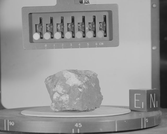 Black and White Photograph of Apollo 15 Sample(s) 15445, 0; Stereo photo with orientation 48 degrees, A.