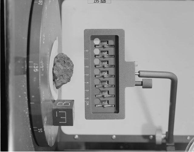 Black and White Photograph of Apollo 15 Sample(s) 15027, 0; Stereo photo with orientation 135 degrees, B.