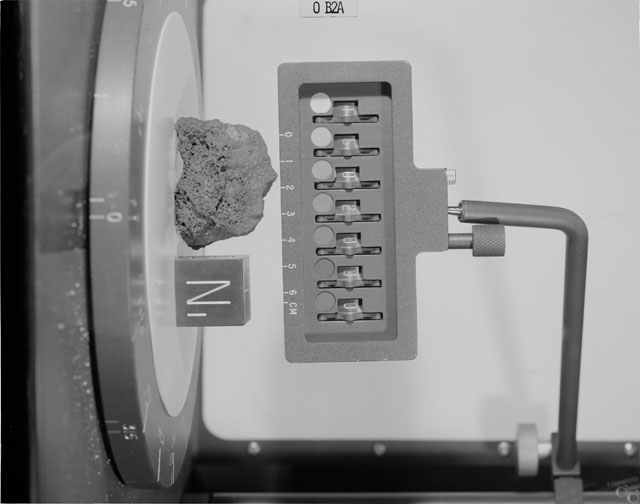 Black and White Photograph of Apollo 15 Sample(s) 15028, 0; Stereo photo with orientation 0 degrees, A.