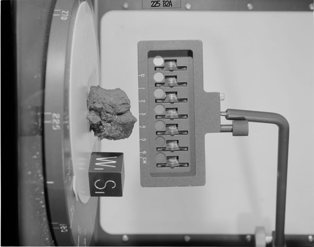 Black and White Photograph of Apollo 15 Sample(s) 15028, 0; Stereo photo with orientation 225 degrees, A.