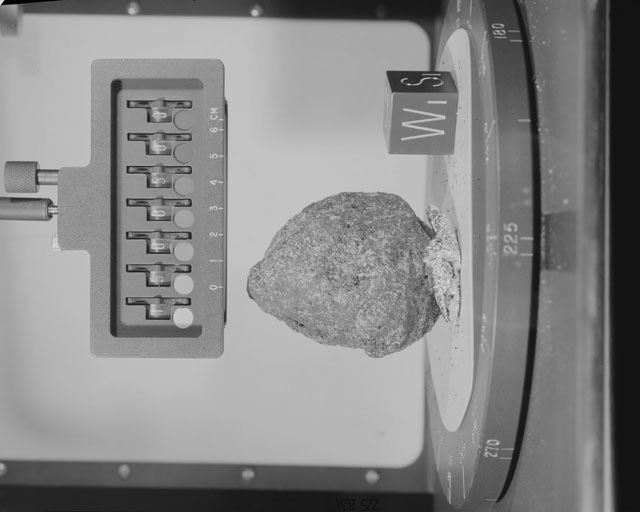 Black and White Photograph of Apollo 15 Sample(s) 15085, 0; Stereo photo with orientation 225 degrees, A.