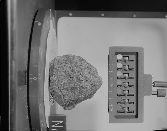 Black and White Photograph of Apollo 15 Sample(s) 15085, 0; Stereo photo with orientation 0 degrees, A.