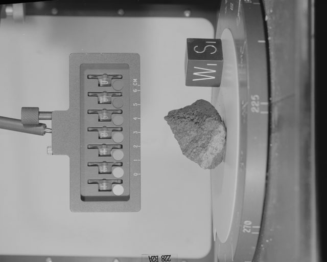 Black and White Photograph of Apollo 15 Sample(s) 15485, 0; Stereo photo with orientation 228 degrees, A.