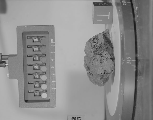 Black and White Photograph of Apollo 15 Sample(s) 15596, 0; Stereo photo with orientation 318 degrees, B.