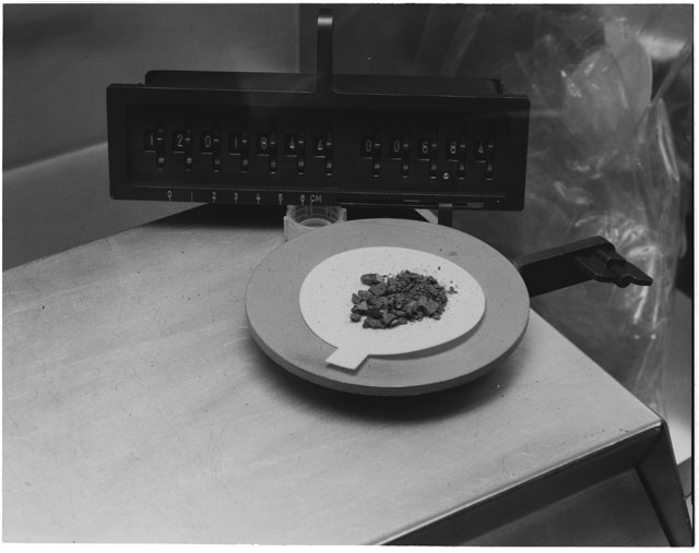 Black and white photograph of Apollo 12 Sample(S) 12036,2; Processing photograph displaying chips and fines .