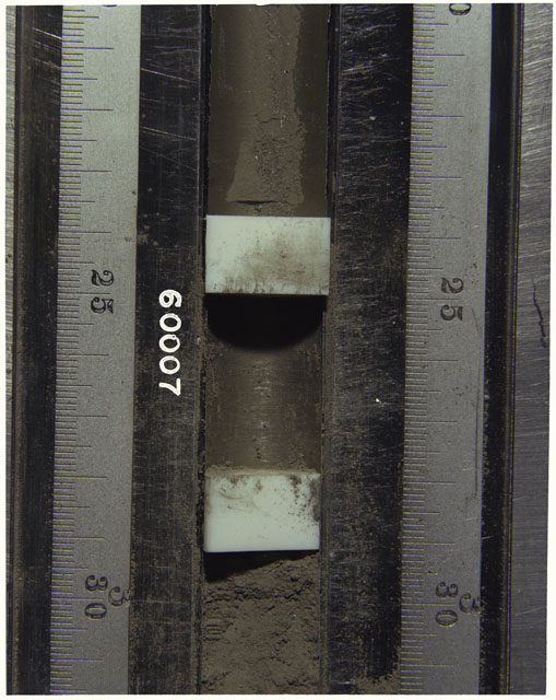 Color photograph of Apollo 16 Sample(s) 60007; Processing photograph displaying Core Tube with fines at 21-31 cm depth.