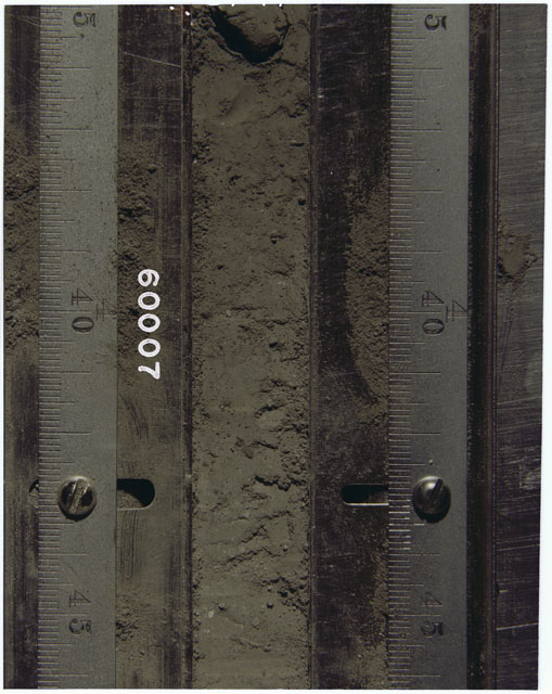 Color photograph of Apollo 16 Sample(s) 60007; Processing photograph displaying Core Tube at 35-46 cm depth.
